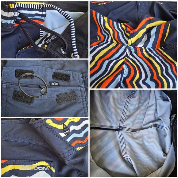 Volcom Mod-Tech Board Shorts Size 36 Navy Blue Stripe Stretch Cinch Fly Swim - Picture 5 of 7